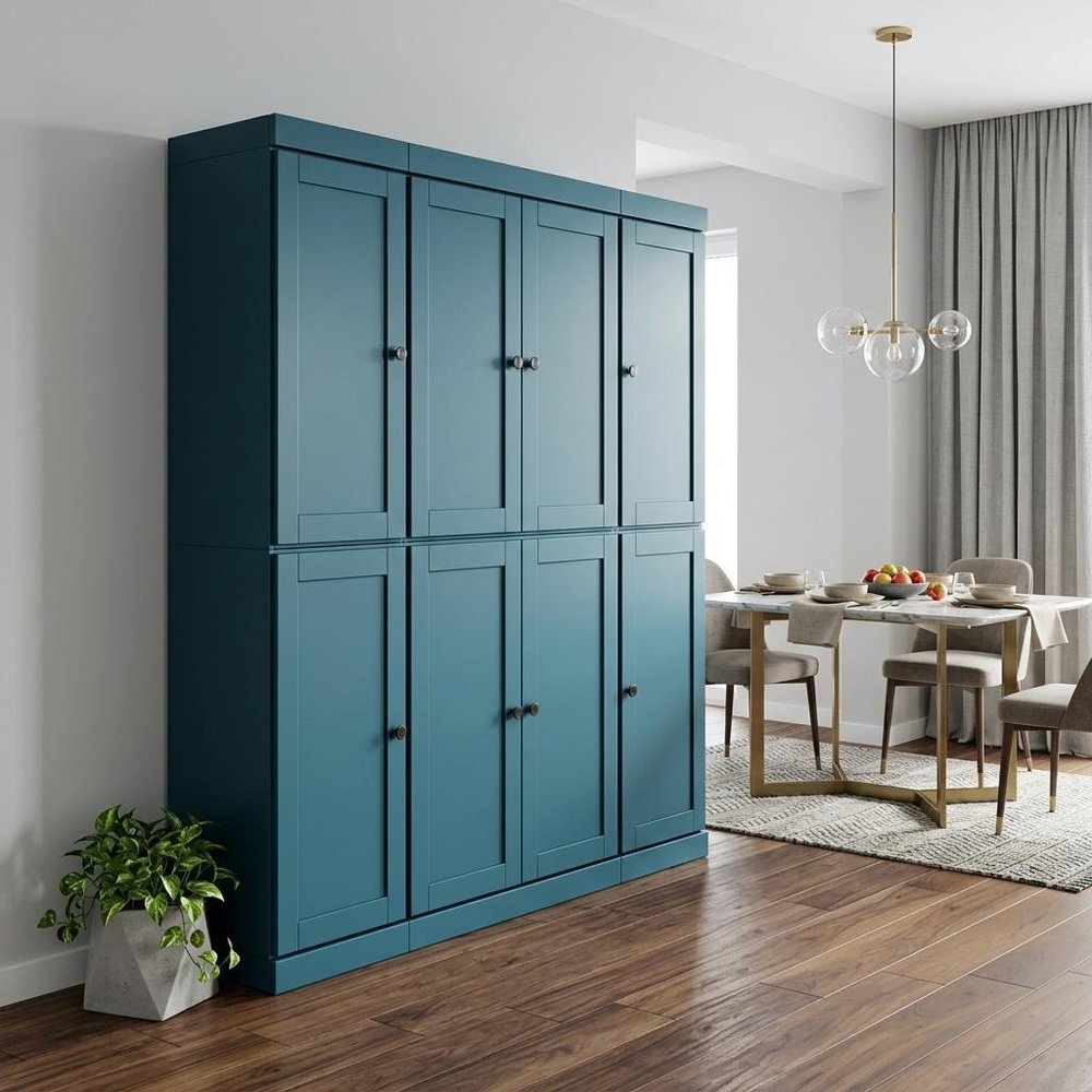 72" Teal Blue Solid Wood 8 Pantry Or Storage Closet