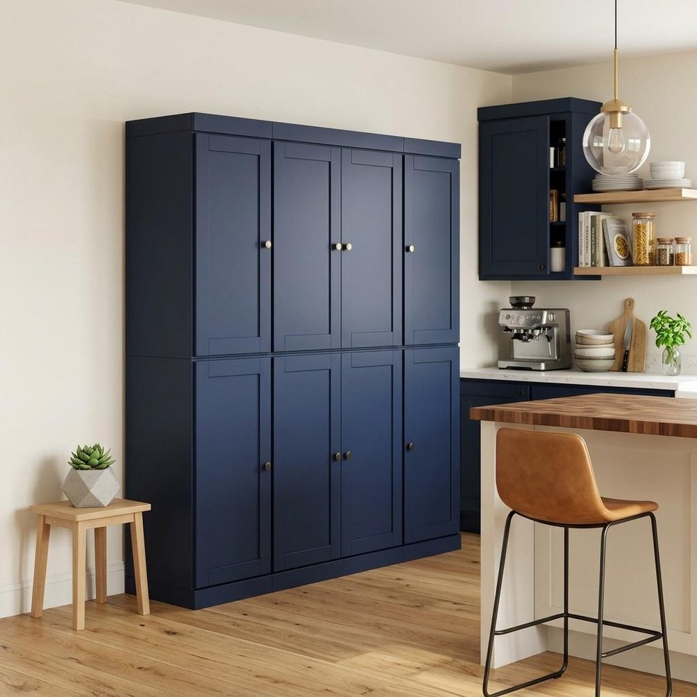 72" Navy Blue Solid Wood 8 Pantry Or Storage Closet
