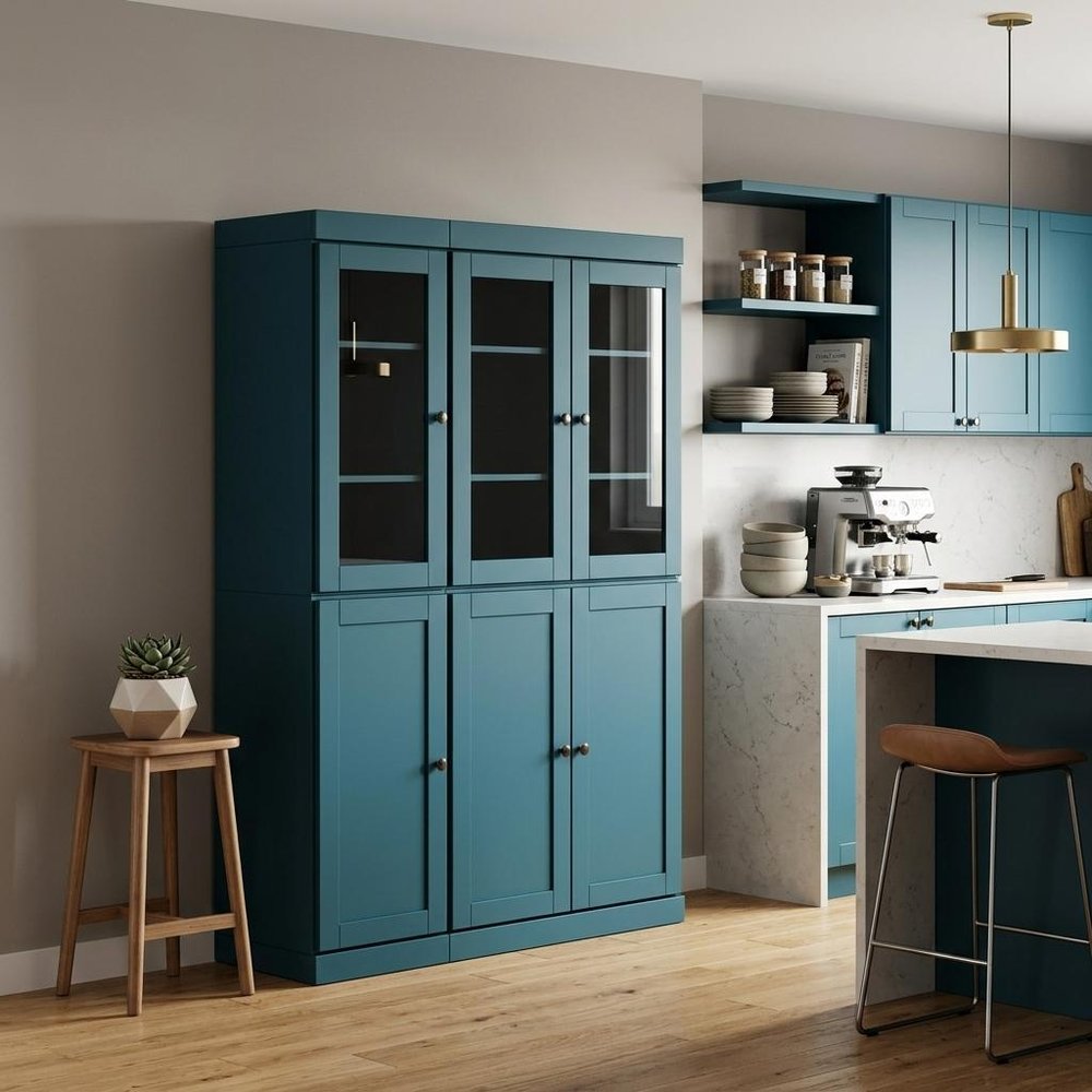 72" Teal Blue Solid Wood 8 Pantry Or Storage Closet