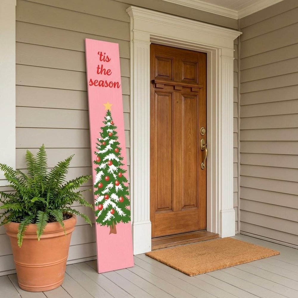 59" Green Pink And White Solid Wood Christmas Christmas Tree Porch Sign