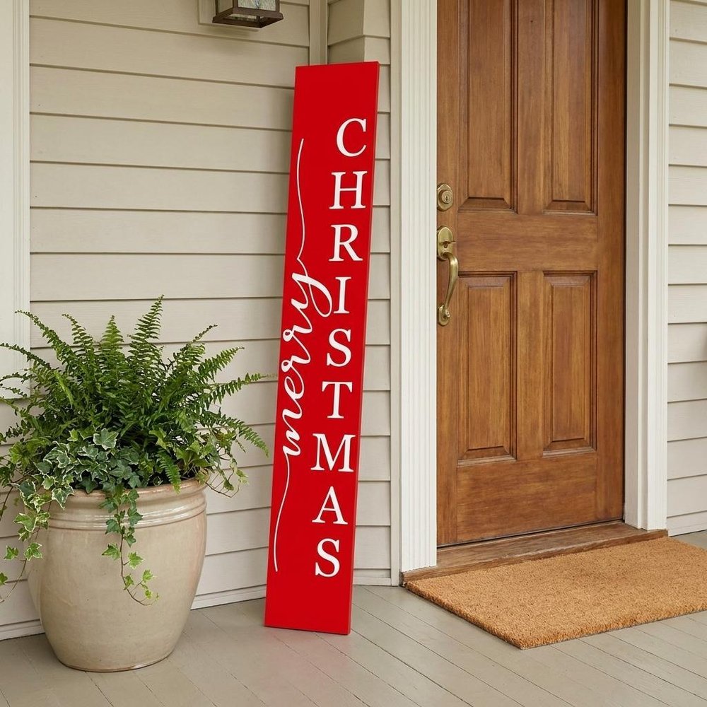 59" Red And White Solid Wood Merry Christmas Christmas Snow Scene Porch Sign