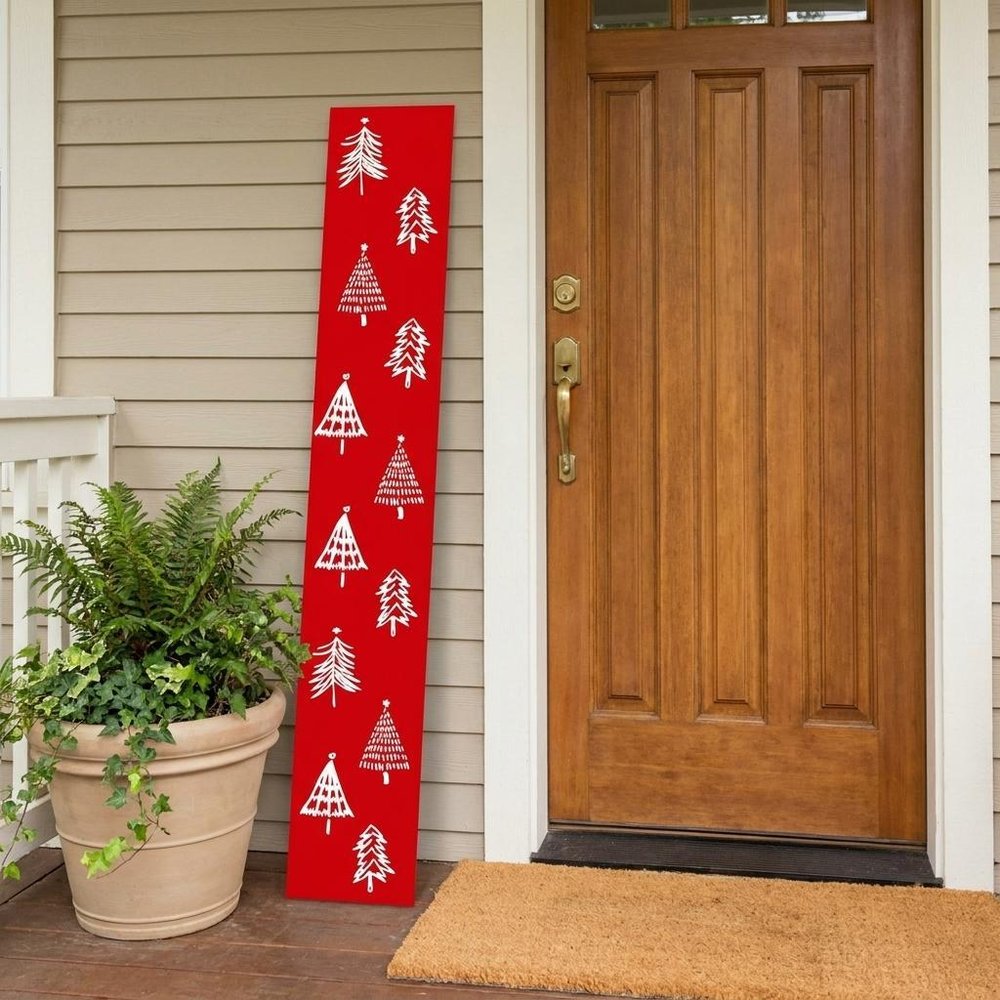 59" Red And White Solid Wood Christmas Christmas Trees Porch Sign
