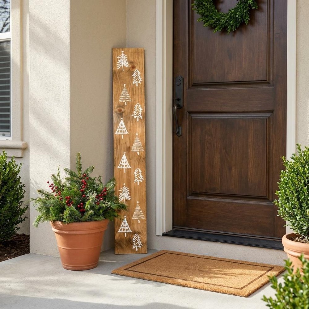 47" Tan And White Solid Wood Christmas Christmas Trees Porch Sign shown outdoors on a patio.