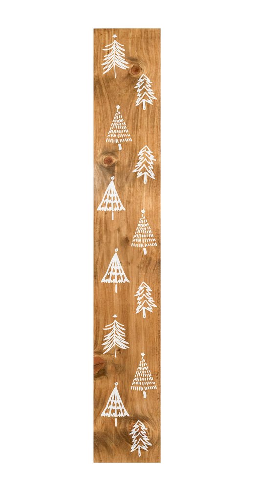 A wooden porch sign with a natural wood finish, decorated with white Christmas tree designs.