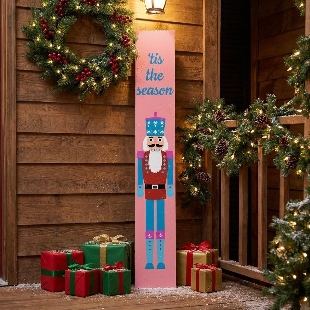 59" Blue And Pink Solid Wood Tis The Season Christmas Nutcracker Porch Sign styled in a furnished interior with a dark brown wall on a dark wood floor.