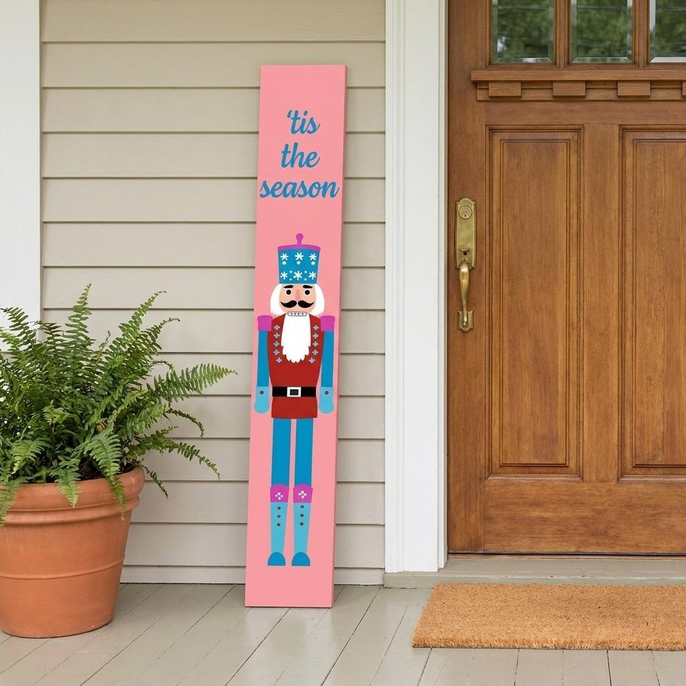59" Blue And Pink Solid Wood Tis The Season Christmas Nutcracker Porch Sign
