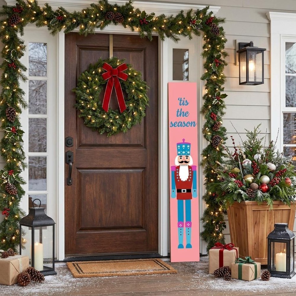 59" Blue And Pink Solid Wood Tis The Season Christmas Nutcracker Porch Sign styled in a furnished interior with a light gray wall on a dark wood floor.