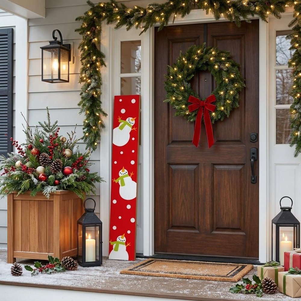 59" Red And White Solid Wood Snowman Porch Sign styled in a furnished interior with a dark brown wall on a wood floor.
