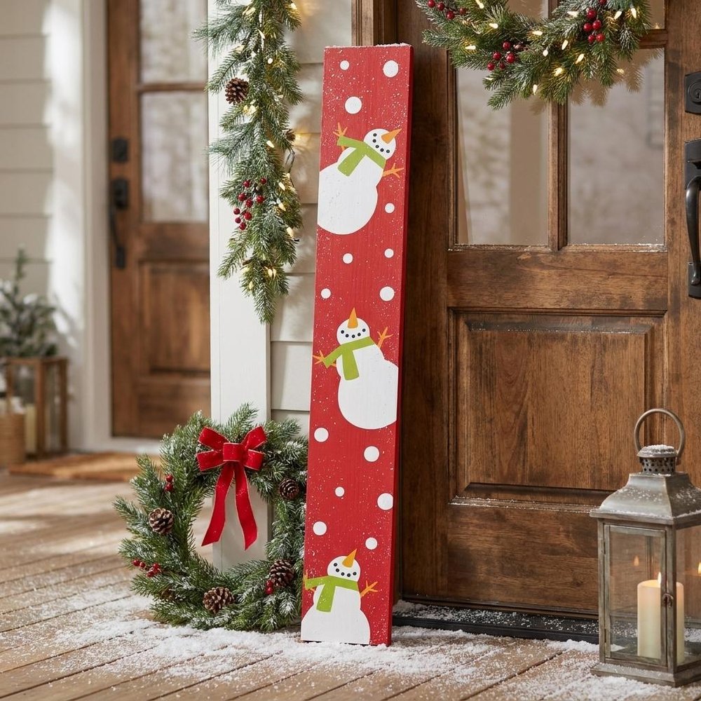 59" Red And White Solid Wood Snowman Porch Sign styled in a furnished interior with a tan wall on a wood floor.