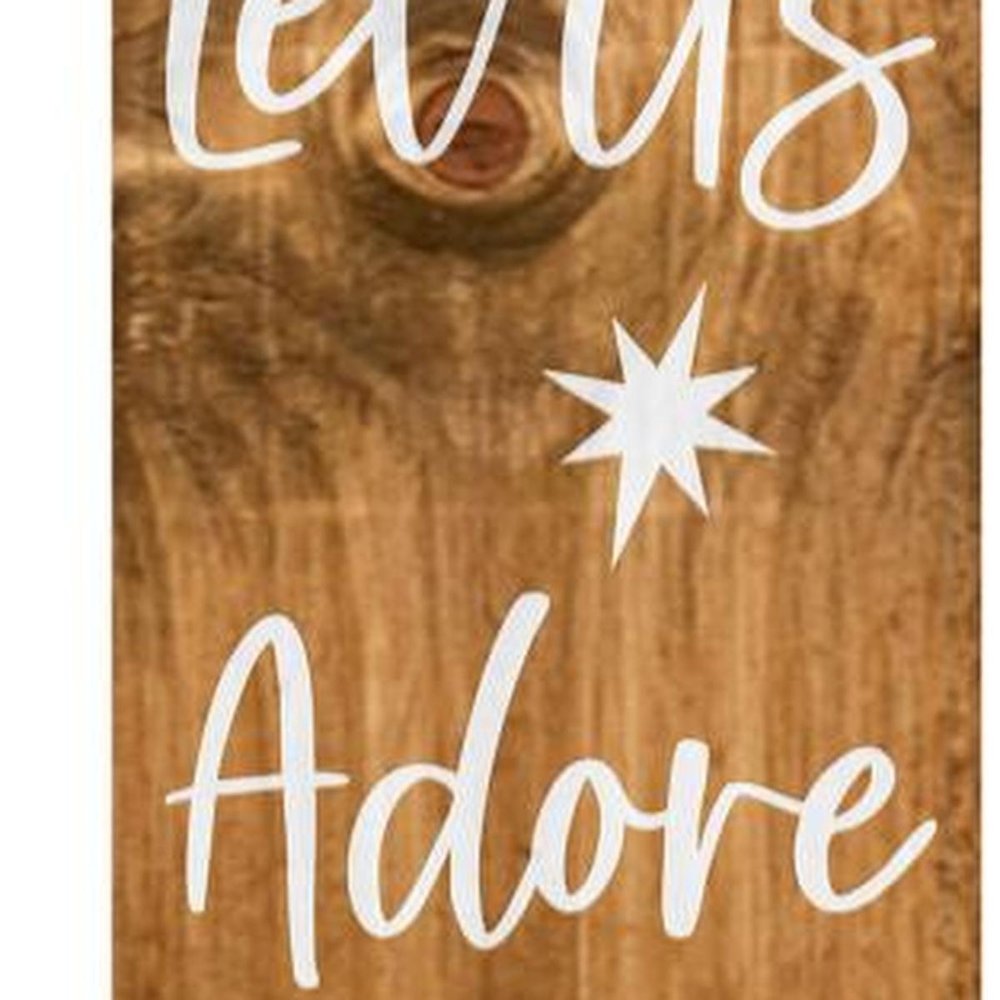 Cropped view of 59" Natural And White Solid Wood Christmas Nativity Porch Sign focusing on the tan wood surface.