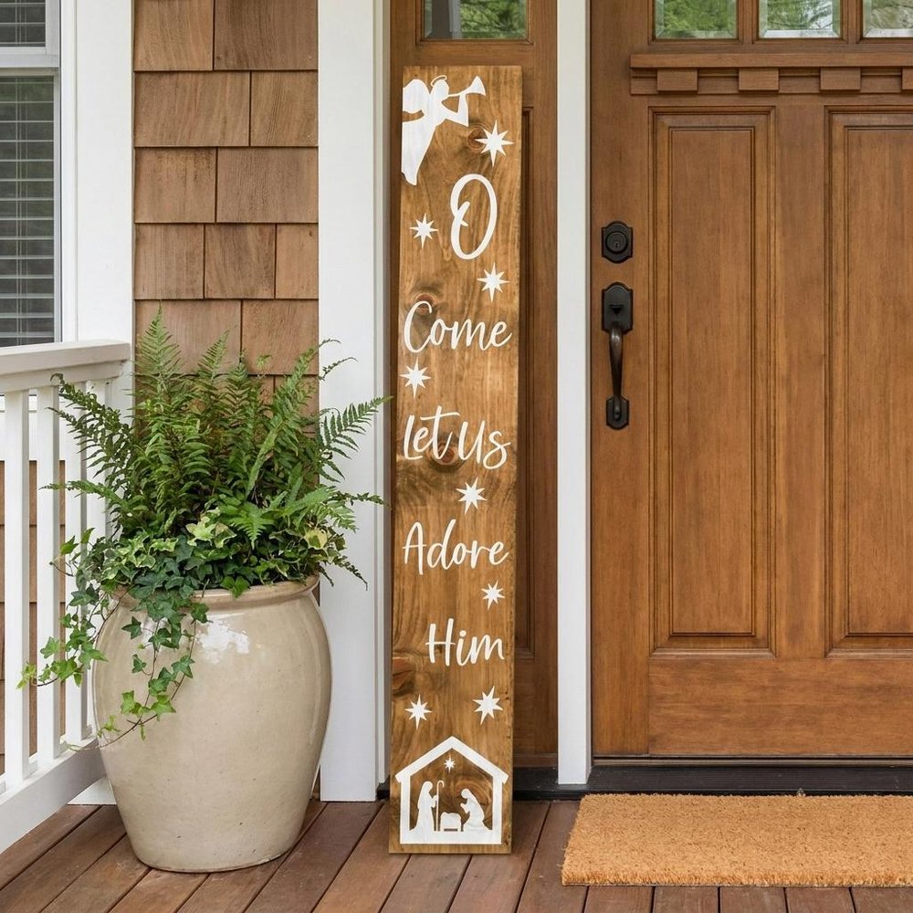 59" Natural And White Solid Wood Christmas Nativity Porch Sign