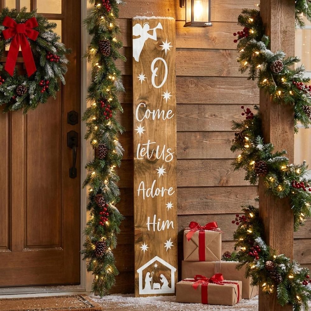 59" Natural And White Solid Wood Christmas Nativity Porch Sign. Outdoor accessories-decor-garden-game in tan wood.