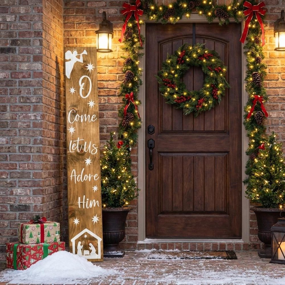 59" Natural And White Solid Wood Christmas Nativity Porch Sign styled in a furnished interior with a dark brown wall on a tiled floor in tan wood.