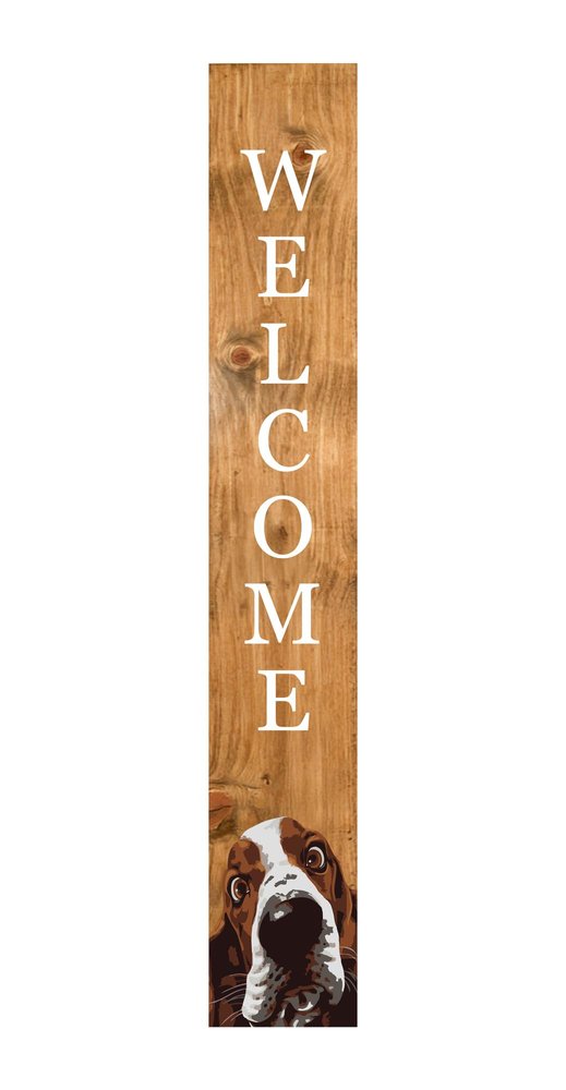 59" Natural And White Solid Wood Basset Hound Welcome Porch Sign