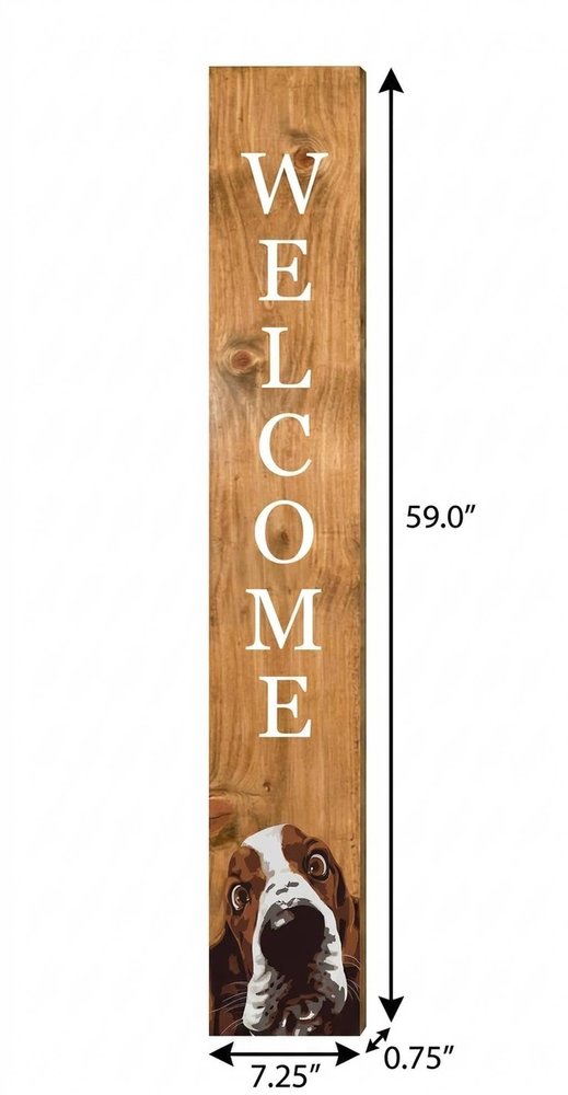 59" Natural And White Solid Wood Basset Hound Welcome Porch Sign