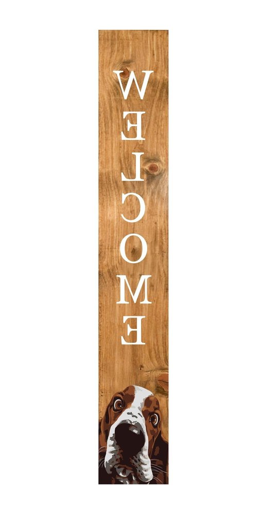 59" Natural And White Solid Wood Basset Hound Welcome Porch Sign. Outdoor accessories-decor-garden-game isolated on a plain white background, showing a white wood surface.