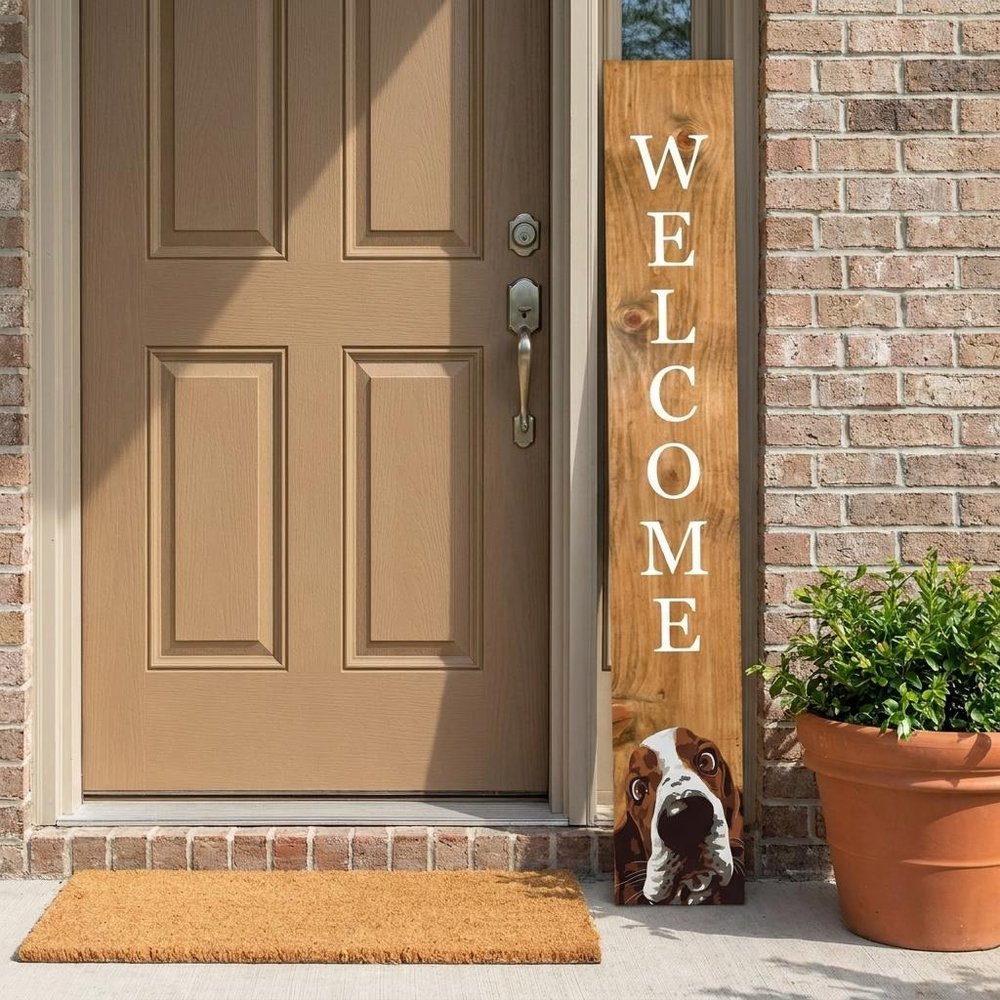 59" Natural And White Solid Wood Basset Hound Welcome Porch Sign