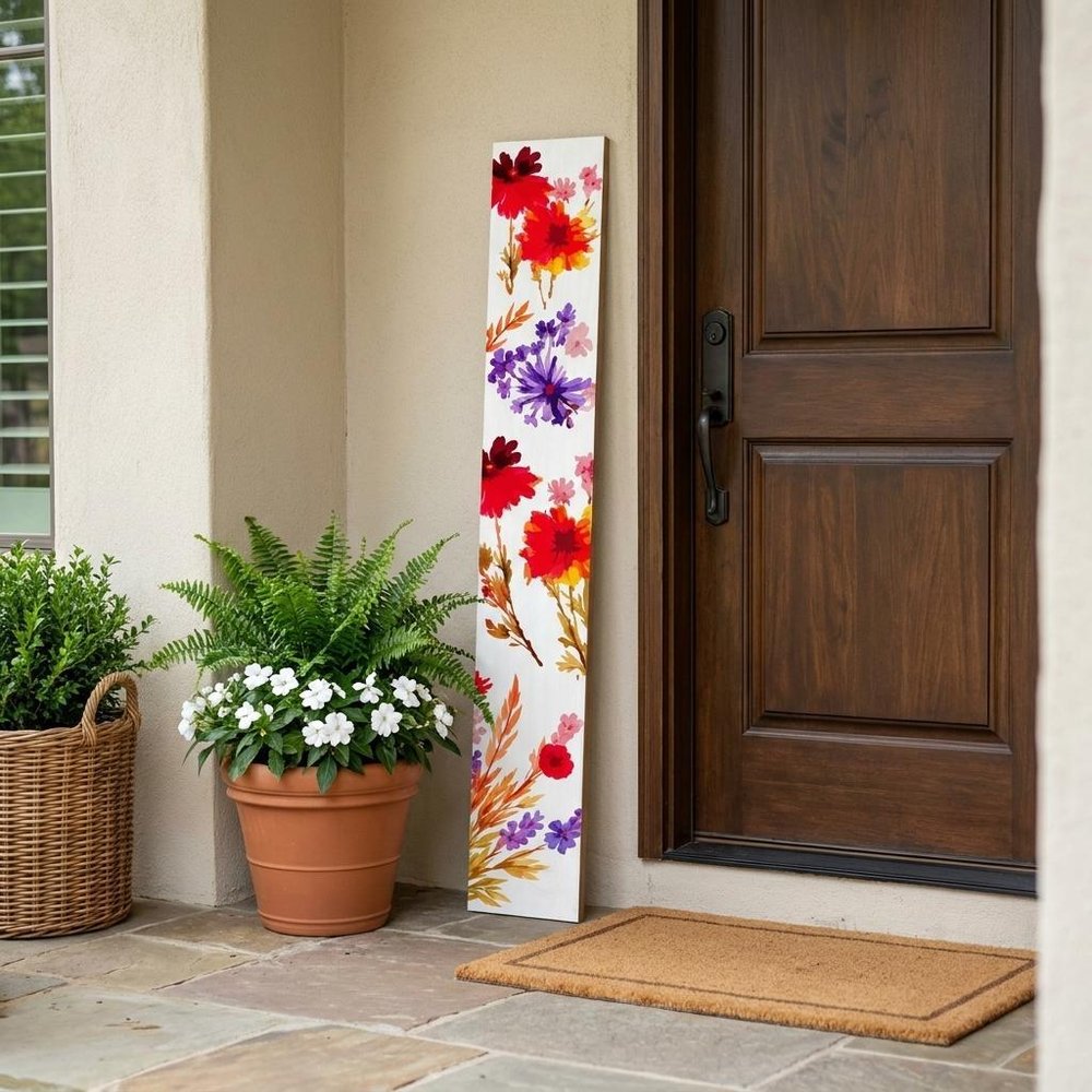 47" White Red And Purple Solid Wood Floral Bouquet Porch Sign shown outdoors on a patio with greenery.