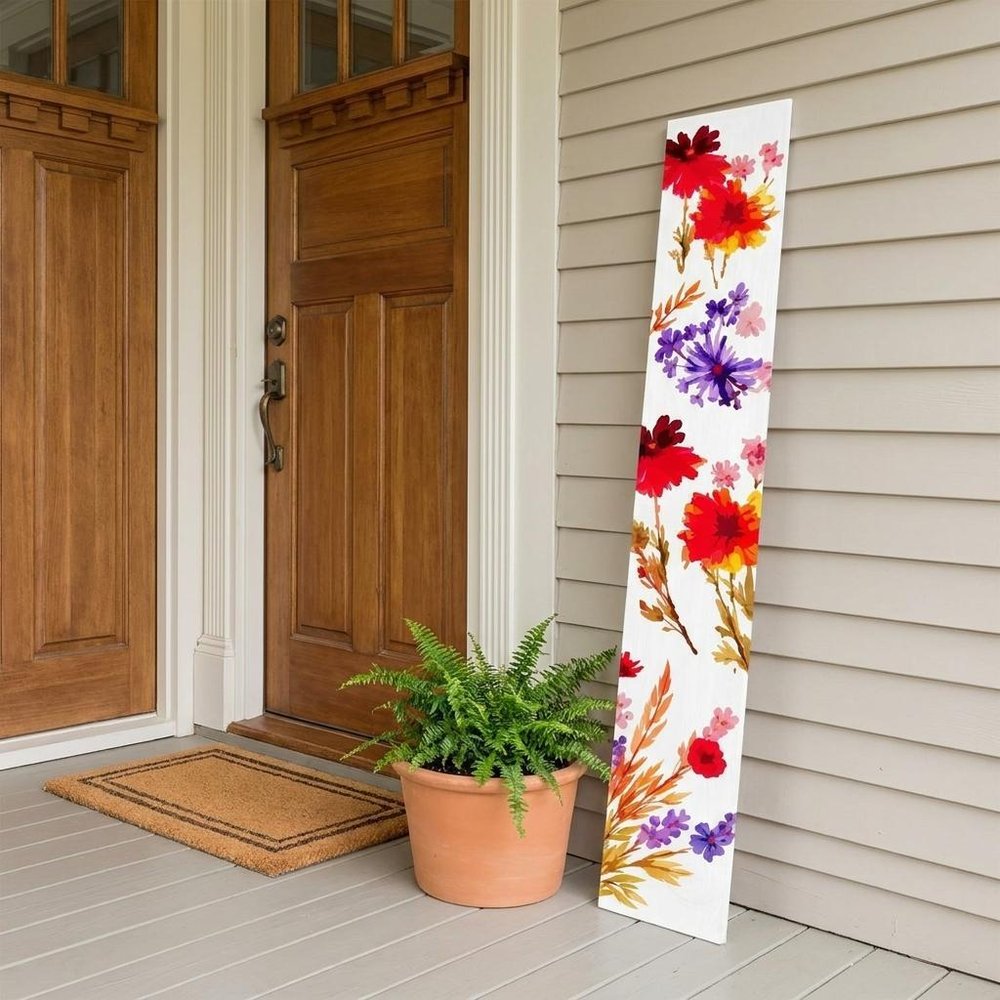 47" White Red And Purple Solid Wood Floral Bouquet Porch Sign styled in a furnished interior with a tan wall on a wood floor.