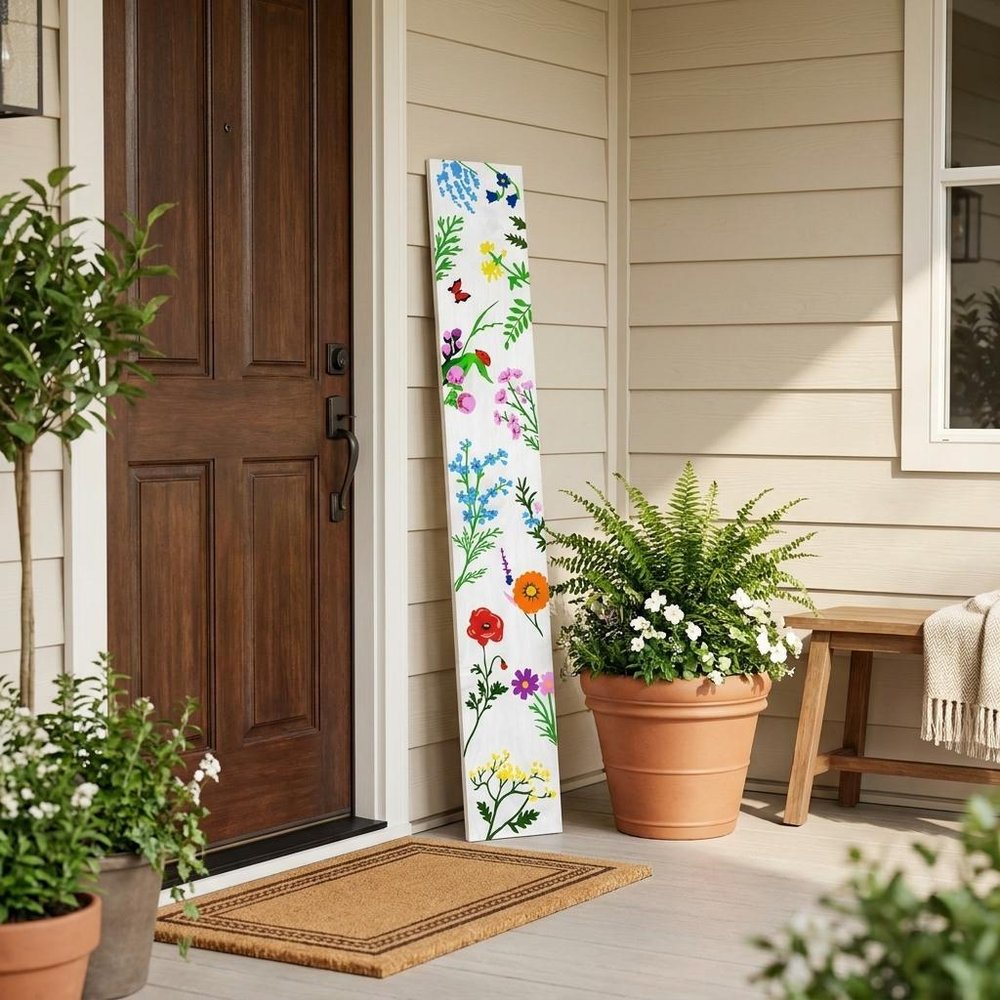 47" White Blue And Green Solid Wood Floral Bouquet Porch Sign