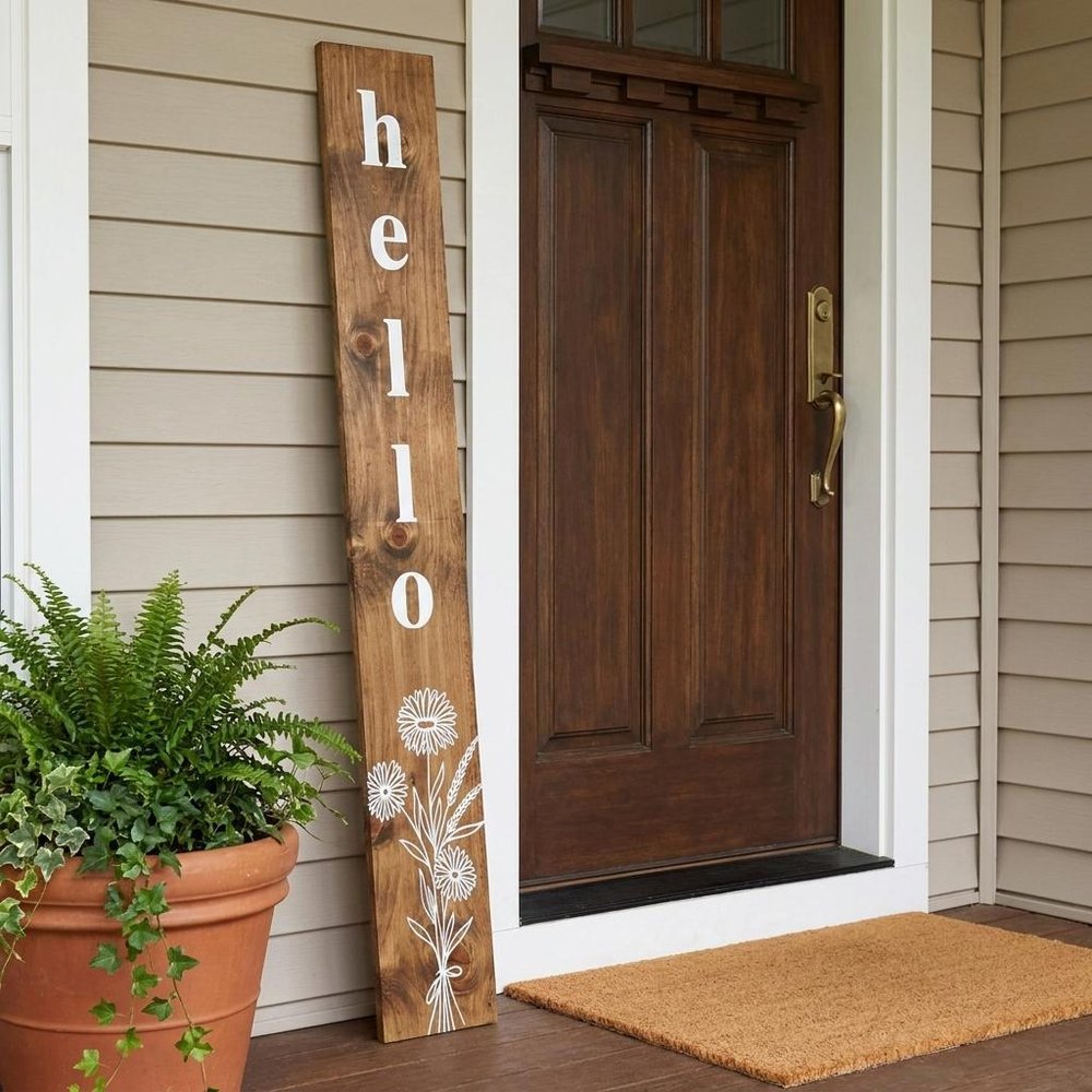 59" Natural And White Solid Wood Wildflowers Hello Porch Sign. Outdoor accessories-decor-garden-game in white wood.