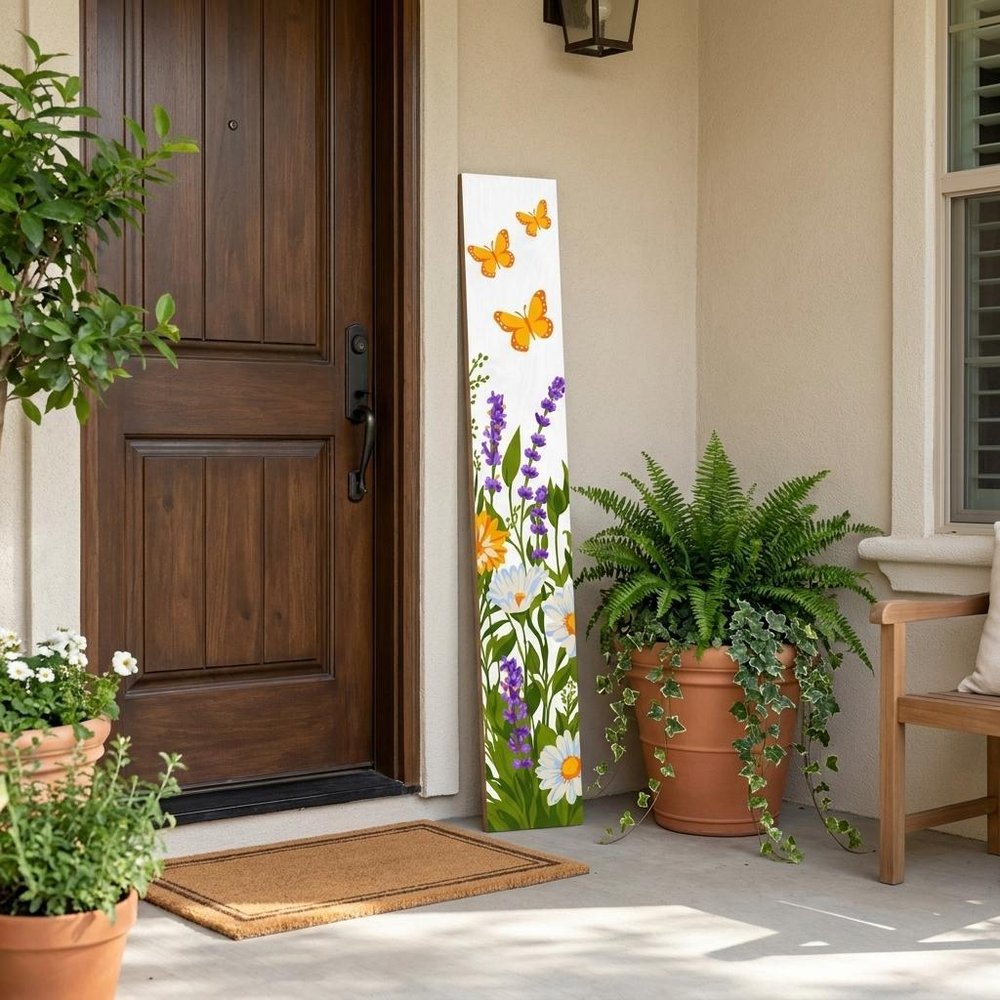 47" White Green And Yellow Solid Wood Daisies Porch Sign