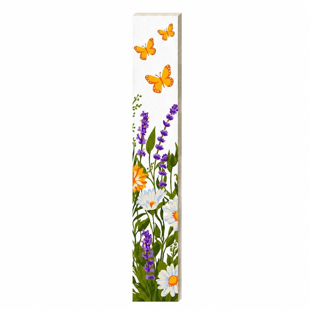 47" White Green And Yellow Solid Wood Daisies Porch Sign. Outdoor accessories-decor-garden-game isolated on a plain white background, finished in white wood.