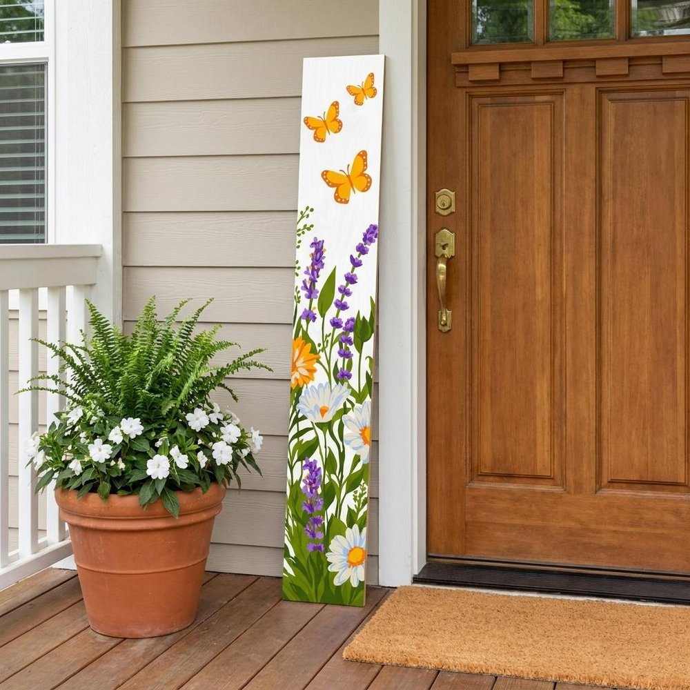 47" White Green And Yellow Solid Wood Daisies Porch Sign.
