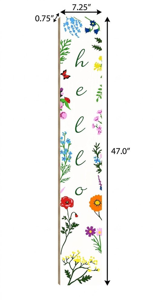 47" Green And White Solid Wood Floral Bouquet Hello Porch Sign. Outdoor accessories-decor-garden-game isolated on a plain white background, in a white wood finish.