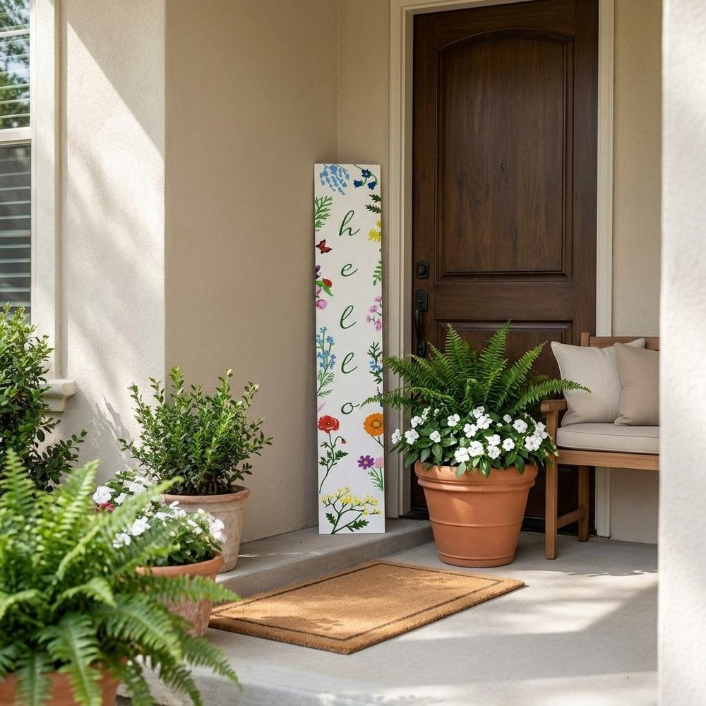 47" Green And White Solid Wood Floral Bouquet Hello Porch Sign shown outdoors on a patio with greenery.