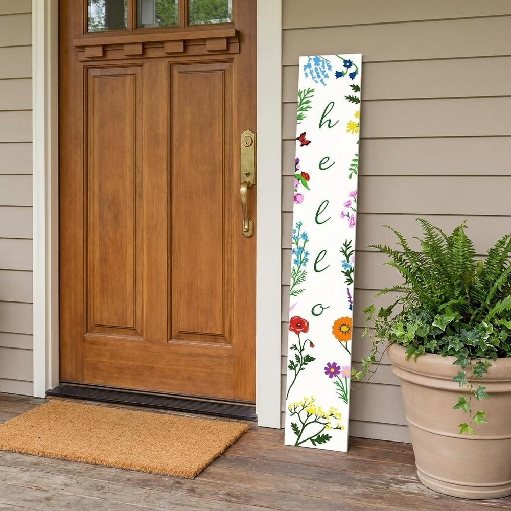 59" Green And White Solid Wood Floral Bouquet Hello Porch Sign
