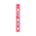 Pink and white solid wood porch sign with "Merry & Bright" text in colorful letters on a white background.