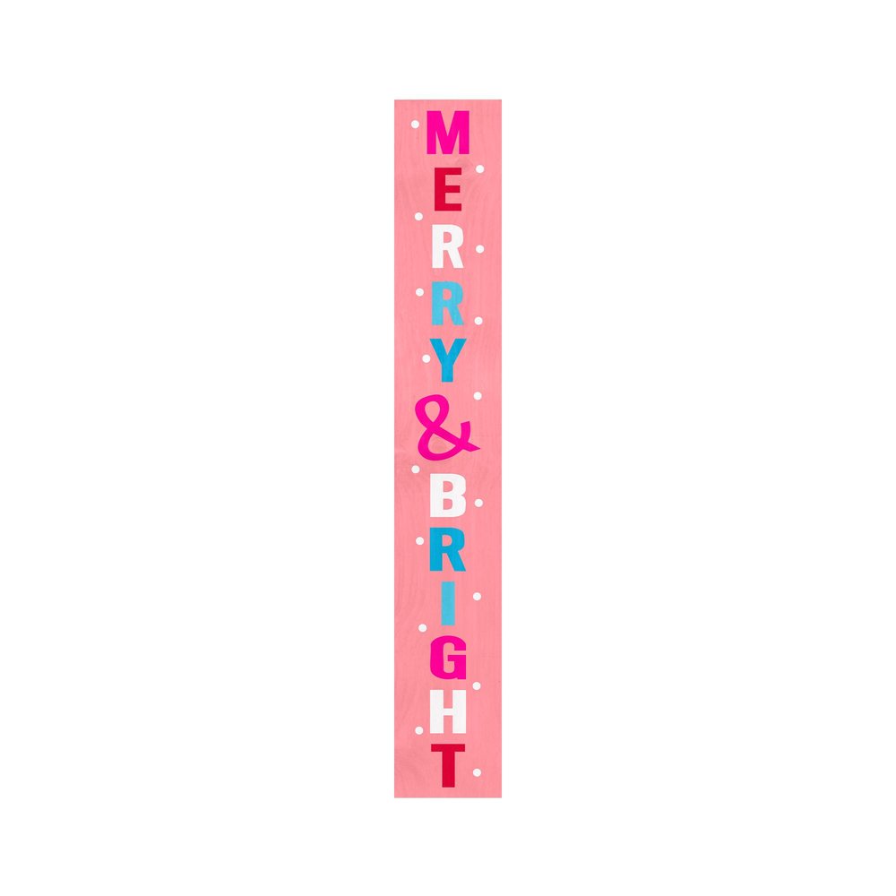 Pink and white solid wood porch sign with "Merry & Bright" text in colorful letters on a white background.