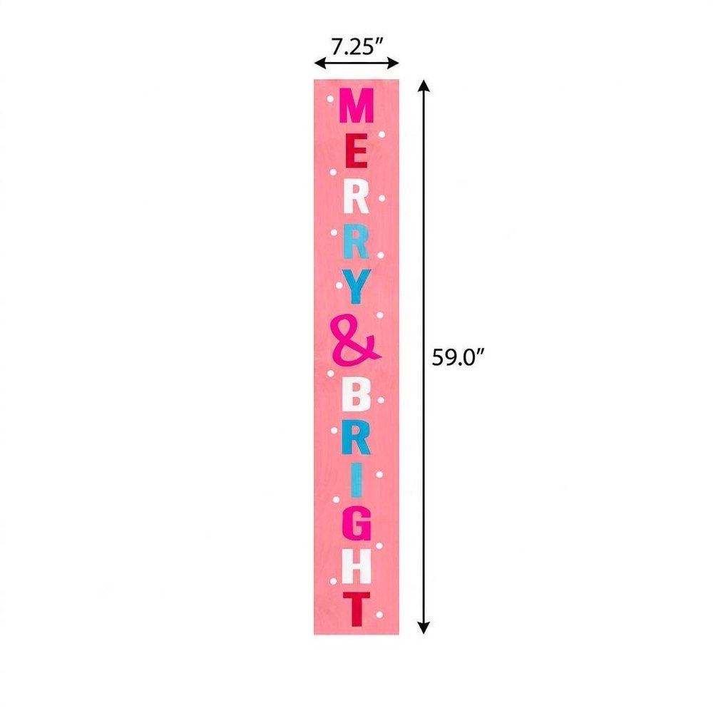 59" Pink And White Solid Wood Merry & Bright Christmas Snow Scene Porch Sign