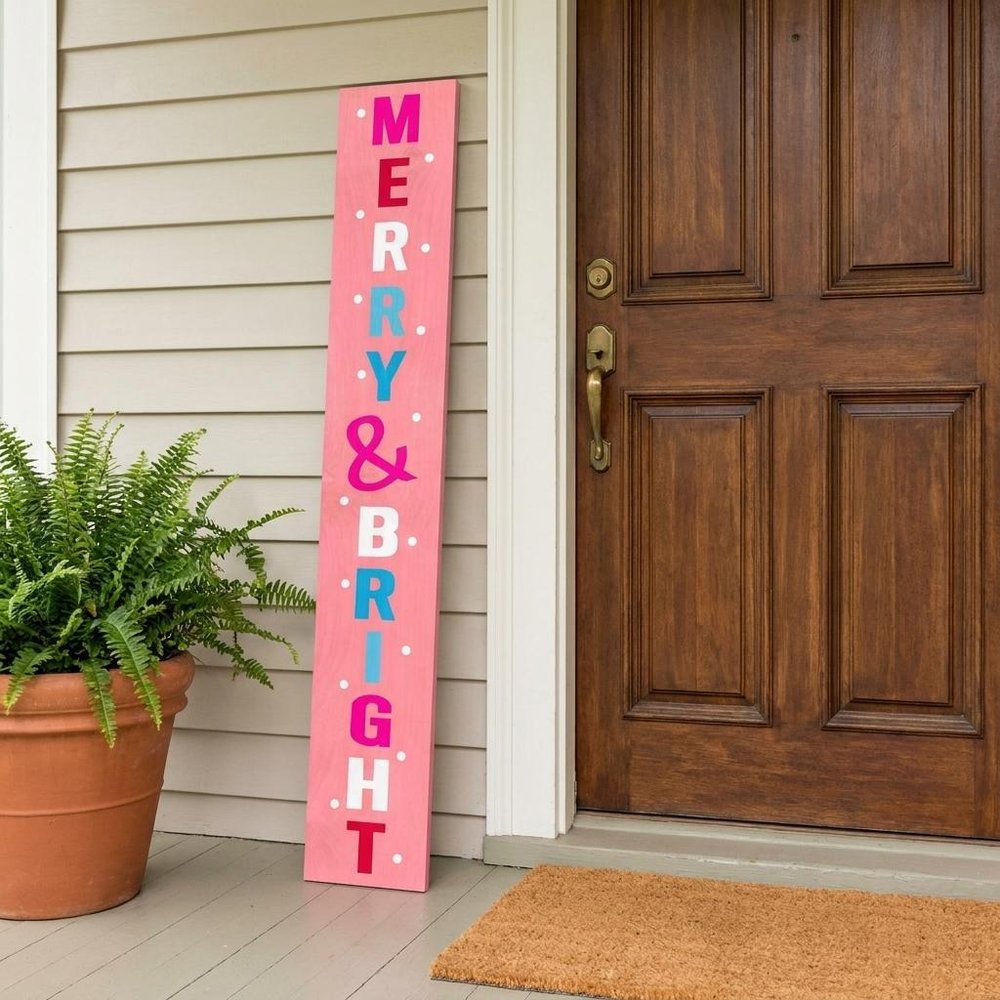 59" Pink And White Solid Wood Merry & Bright Christmas Snow Scene Porch Sign