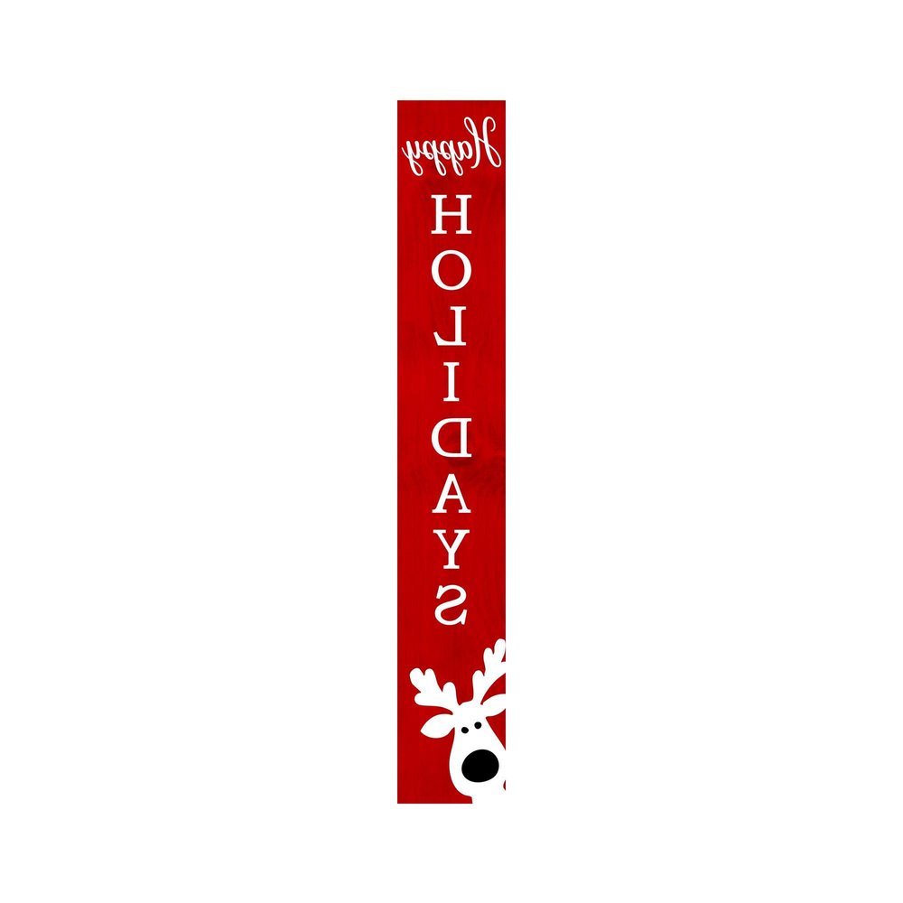 59" Red And White Solid Wood Happy Holidays Christmas Reindeer Porch Sign