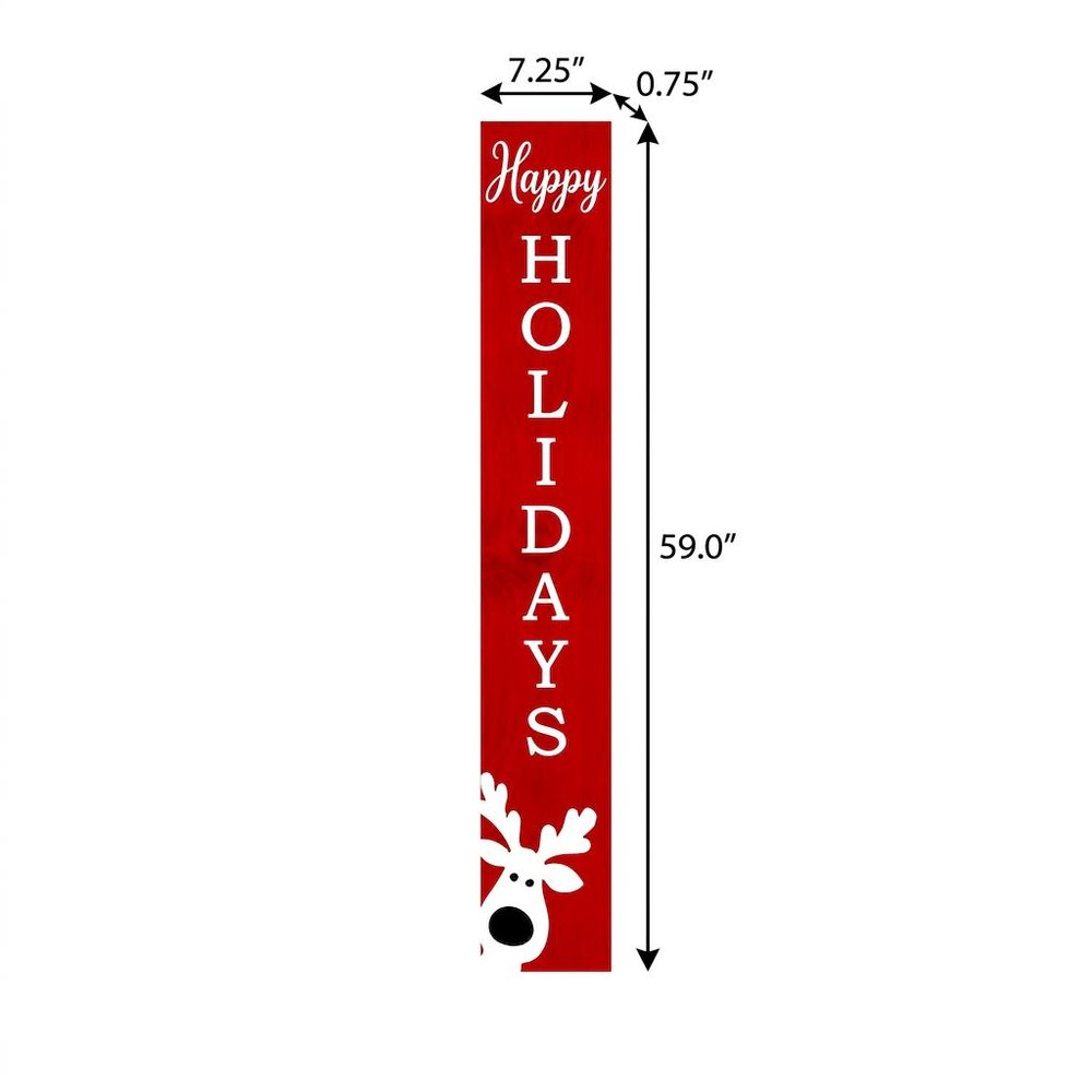 59" Red And White Solid Wood Happy Holidays Christmas Reindeer Porch Sign