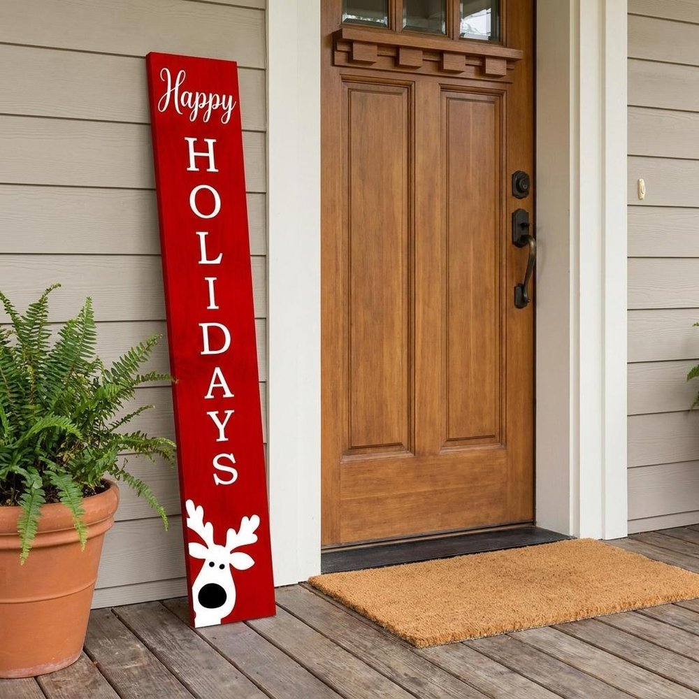 59" Red And White Solid Wood Happy Holidays Christmas Reindeer Porch Sign