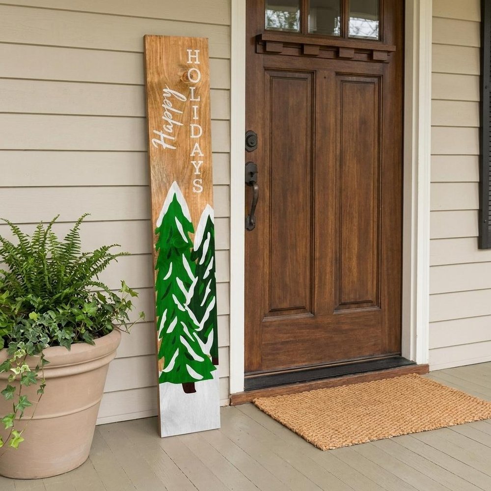 59" Green Natural And White Solid Wood Happy Holidays Christmas Christmas Trees Porch Sign