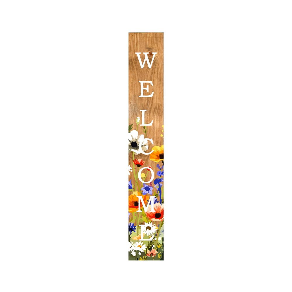Vertical wooden porch sign with "WELCOME" in white letters and a floral design in green, white, and orange.