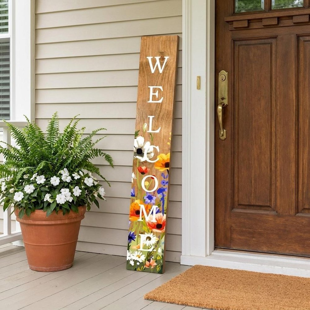 59" Green Natural And White Solid Wood Welcome Porch Sign