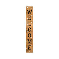 Vertical wooden porch sign with "WELCOME" in black letters against a white background.