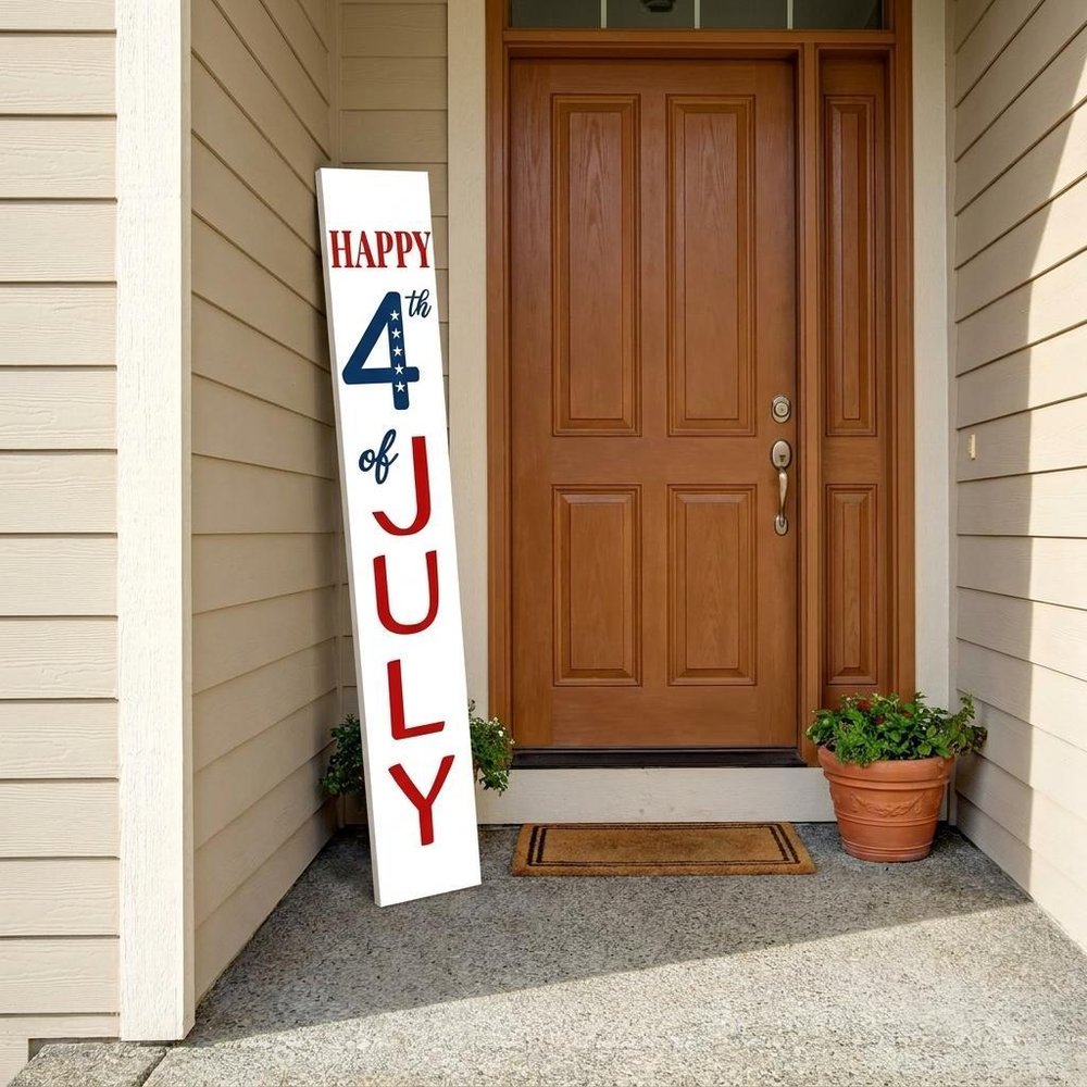 59" Red White And Blue Solid Wood Happy July 4th Porch Sign styled in a furnished interior with a dark brown wall on a tiled floor.