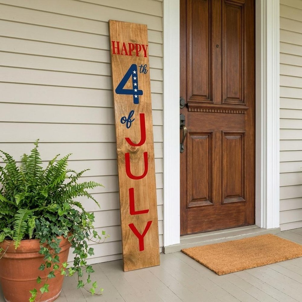 59" Natural Red White And Blue Solid Wood Happy July 4th Porch Sign
