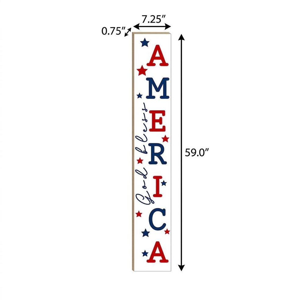 59" Red White And Blue Solid Wood God Bless America Porch Sign. Outdoor accessories-decor-garden-game isolated on a plain white background, finished in white wood.