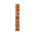 59" Natural Red And Blue Solid Wood God Bless America Porch Sign. Outdoor accessories-decor-garden-game isolated on a plain white background, in a tan wood finish.