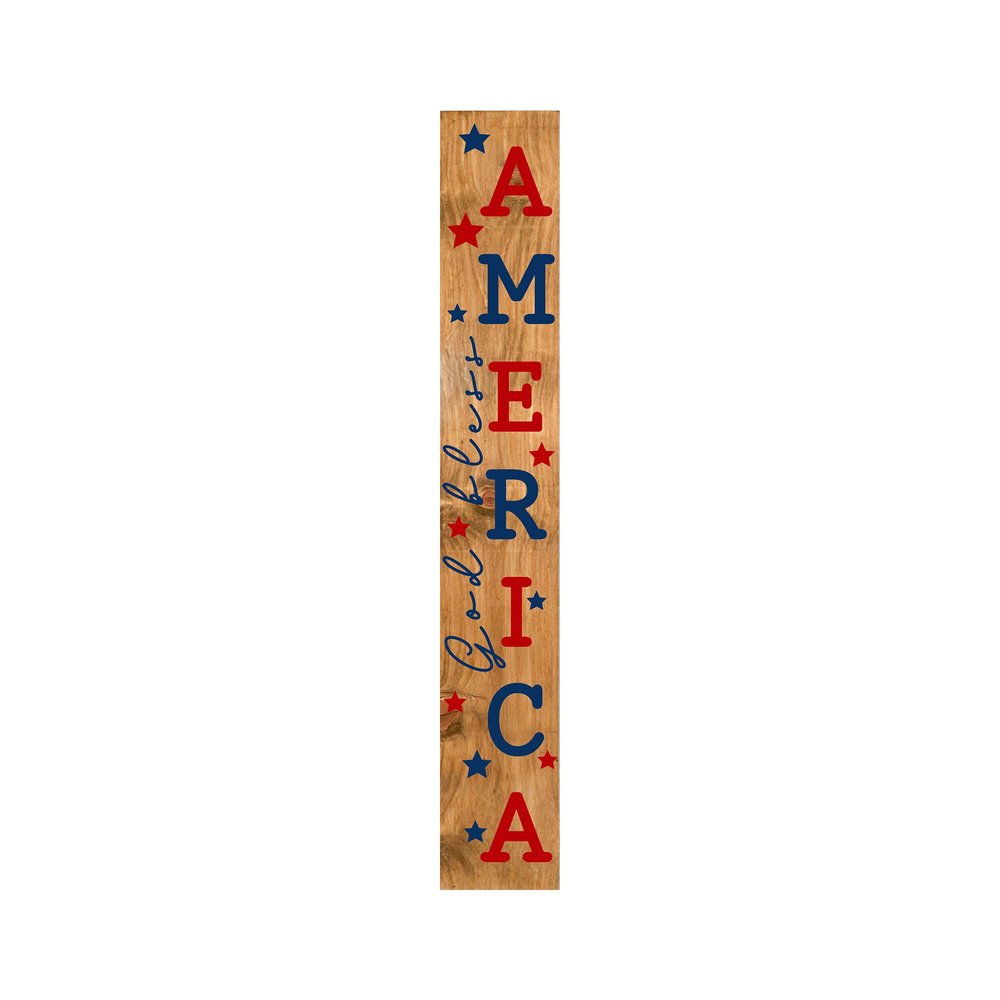 59" Natural Red And Blue Solid Wood God Bless America Porch Sign