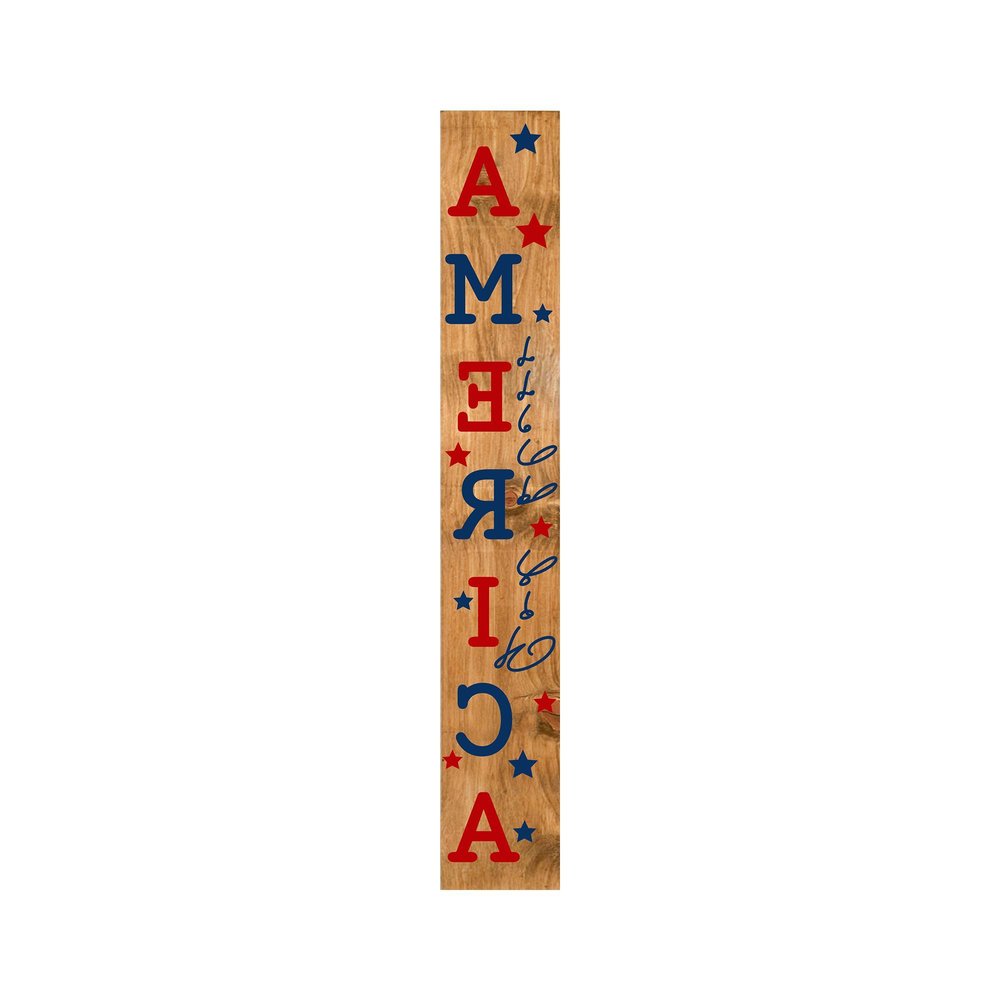59" Natural Red And Blue Solid Wood God Bless America Porch Sign