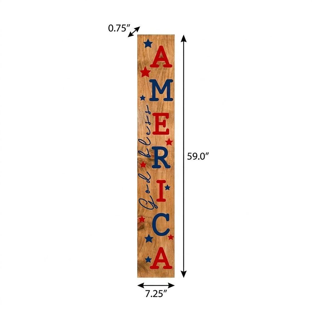 59" Natural Red And Blue Solid Wood God Bless America Porch Sign