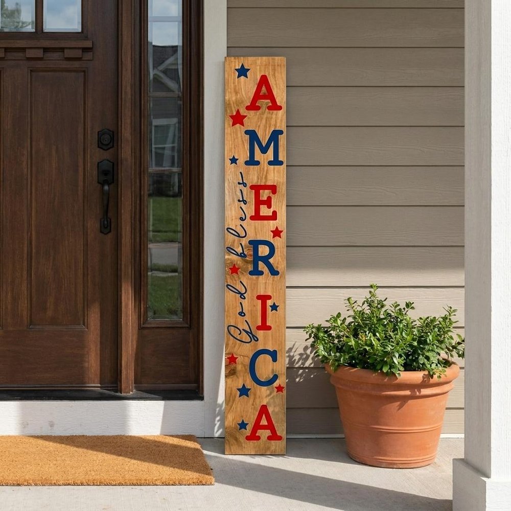 59" Natural Red And Blue Solid Wood God Bless America Porch Sign. Outdoor accessories-decor-garden-game in tan wood.